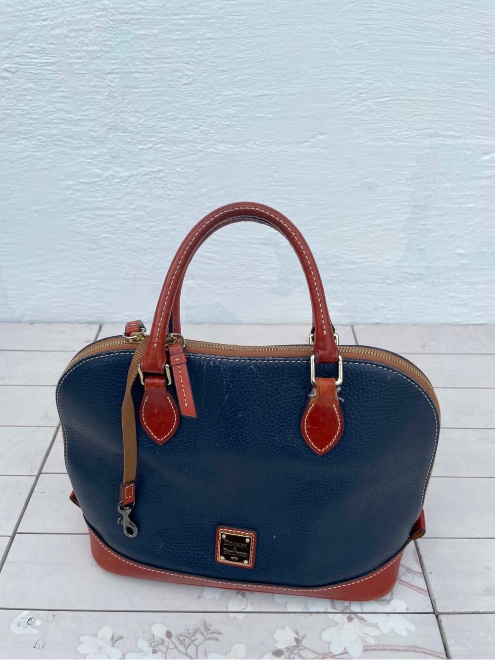 Dooney & Bourke Navy Pebble Leather Satchel with Brown Trim and Handles - Picture 3 of 14